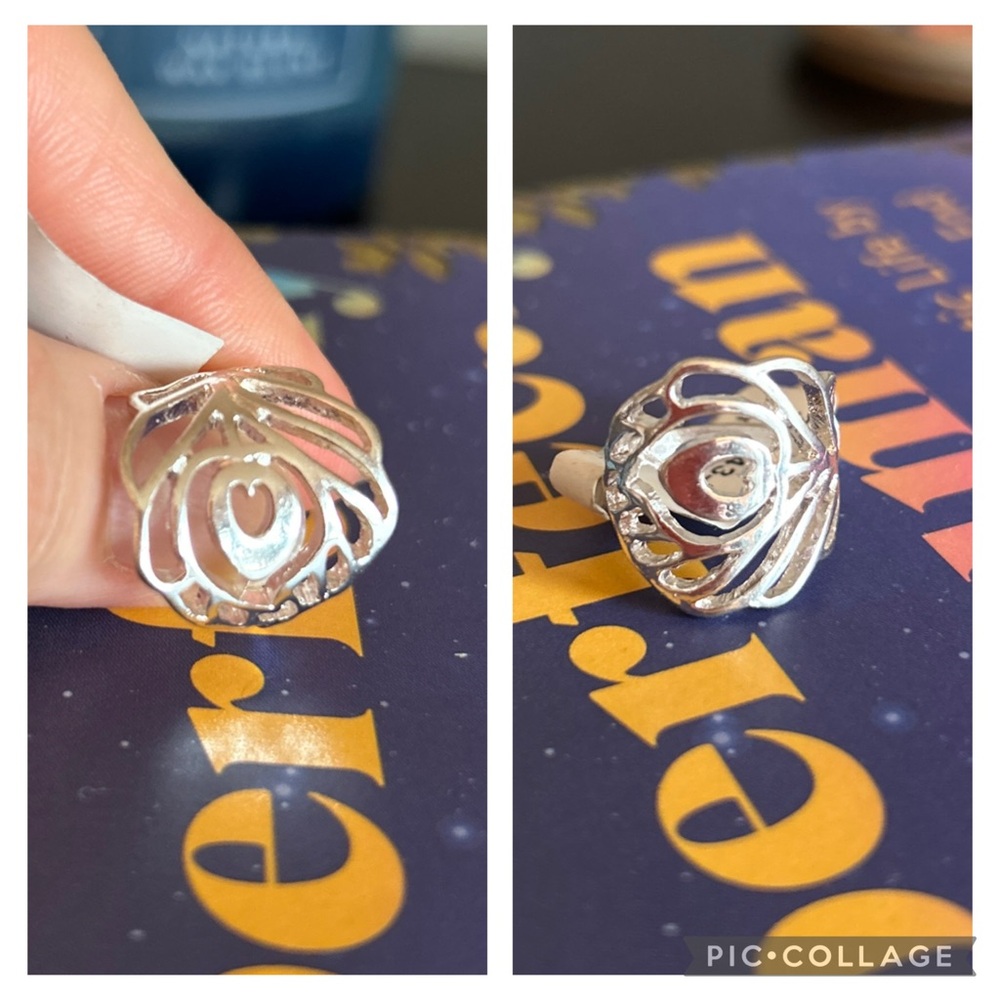 Silver Boho Ring Set Size 6 - Intricate Patterned Band & Flower Ring - Picture 3 of 3